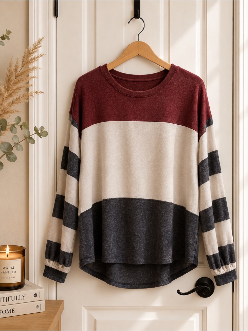 Maurices Colorblock Long Sleeve Top in Burgundy, Cream & Charcoal